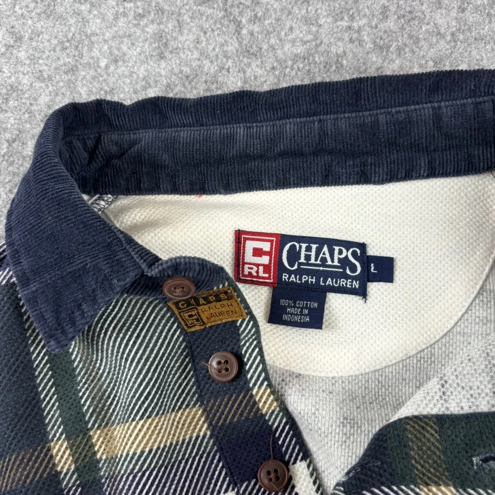 Chaps Ralph Lauren Polo Shirt Mens L Green Plaid Corduroy Collar Long Sleeve